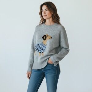 LOFT New Dachshund Dog Crewneck Sweater Sz L Gray Doxie Preppy Dog Lover NWT